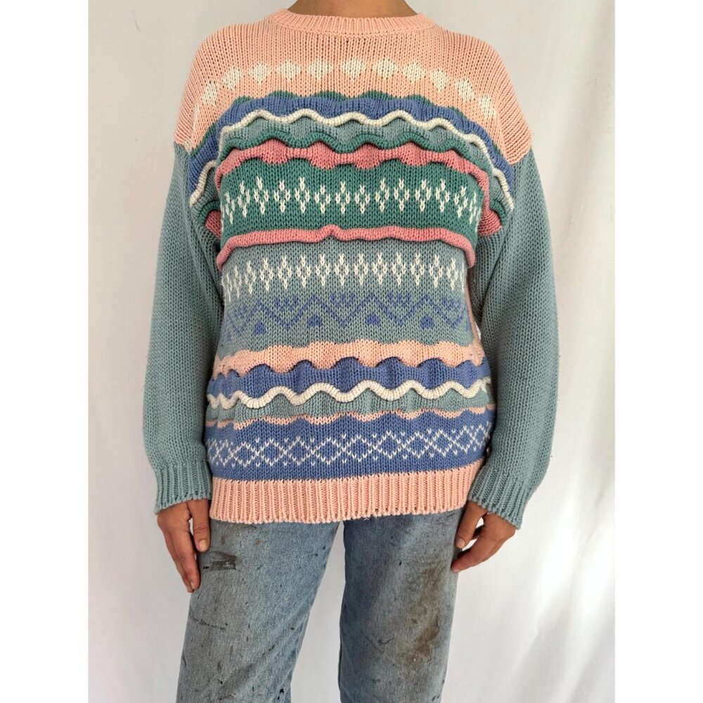 80s vintage colorful pink blue pastel striped textured grandma ugly knit sweater
